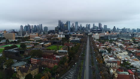 Stunning-Melbourne-on-a-rainy-day-with-drone,-winter