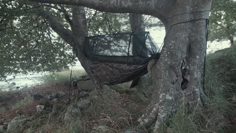 Camping-hammock-set-up-on-island-between-trees