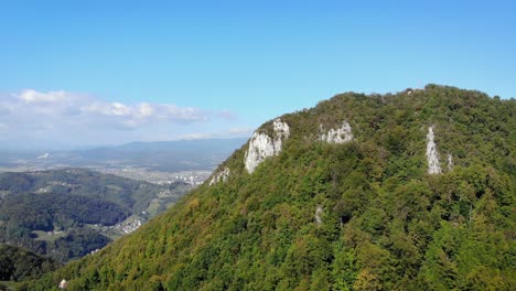 Aerial-Along-Forested-Mountside-In-Slovenia-With-Blue-Skies