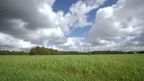 Clouds-roll-past-big-green-field-in-countryside,-low-angle-time-lapse