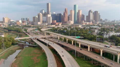High-angle-establishing-drone-shot-of-downtown-Houston