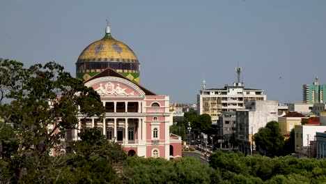 Establishing-view-of-downtown-Manaus,-Brazil-with-the-Opera-House-and-other-buildings