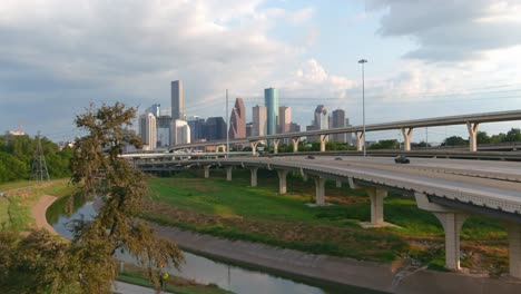 High-angle-establishing-drone-shot-of-downtown-Houston