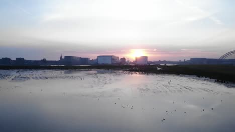 scenery-sunrise-behind-buildings-while-birds-are-flying-around-during-a-slowmo-pan-shot-with-a-drone