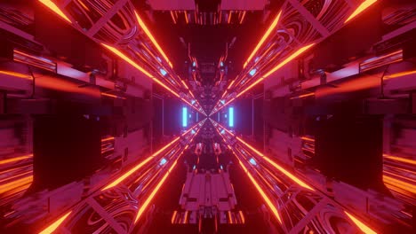 Long-aesthetic-lit-cyberpunk-style-interior-environment-with-neon-light-tubes-reflected-over-metallic-surface,-walking-endlessly,-motion-graphic-of-VJ-loop,-3D