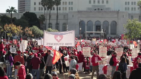 Large,-Vibrant-Crowd-at-LAUSD-Teacher's-Strike,-In-Front-of-City-Hall-Building