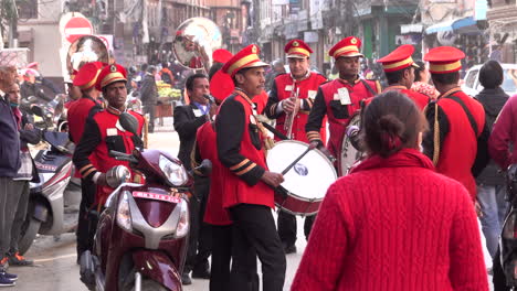 Kathmandu,-Nepal---March-8,-2020:-A-Nepali-Wedding-band-playing-their-instruments-on-the-streets-of-Kathmandu,-Nepal-during-a-wedding-ceremony