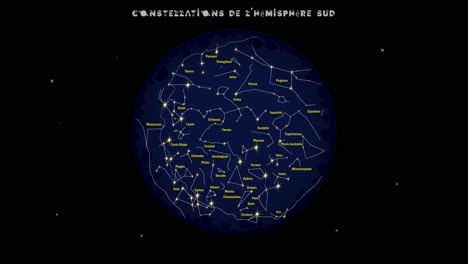 Animation,-Die-Sternkonstellationen-Zeigt,-Die-Von-Der-Südlichen-Hemisphäre-Aus-Sichtbar-Sind,-Für-Astronomische-Oder-Naturwissenschaftliche-Schulklassen-Mit-Einem-Französischen-Titel