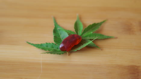 Slow-Motion-Hand-Placing-CBD-Gummy-Gently-on-Marijuana-Leaf,-Wooden-Tabletop
