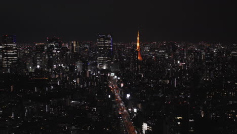Cityscape-And-Tokyo-Tower---The-Beautiful-City-Of-Tokyo-At-Night-With-Traffic-In-Japan