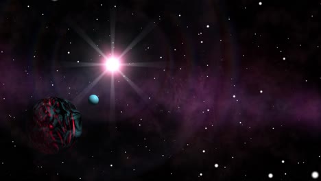 Single-red-planet-with-a-blue-moon-in-a-field-of-stars-rotating-around-a-bright-sun-with-a-nebula-in-the-background