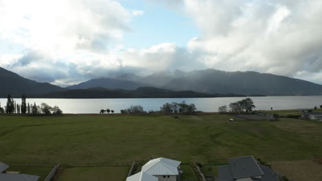 Fly-over-aerial-drone-footage-at-Lake-Te-Anau,-New-Zealand