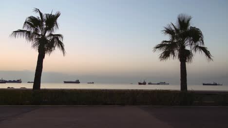 Palm-tree-boulevard-tourist-people-walking-at-sunrise-as-ocean-ships-float-on-morning-coastline