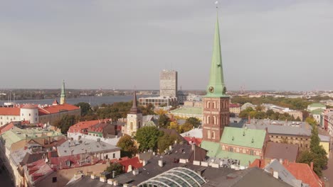 Majestic-aerial-view-of-St-James's-Cathedral-Catholic-cathedral-of-Riga,-drone-rising,-day
