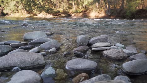 Slow-motion-shot-of-moving-river-along-the-rocky-shore