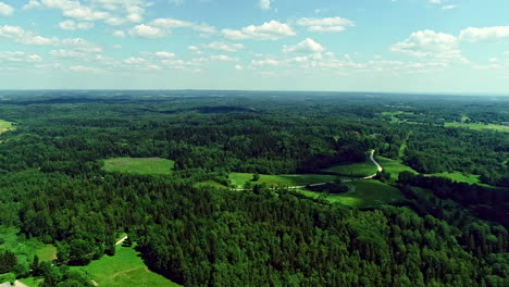 Luftaufnahme-über-Sattgrüne-Felder-Und-Bewaldete