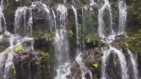 Aerial-ascends-low-flow-waterfall-to-dense-green