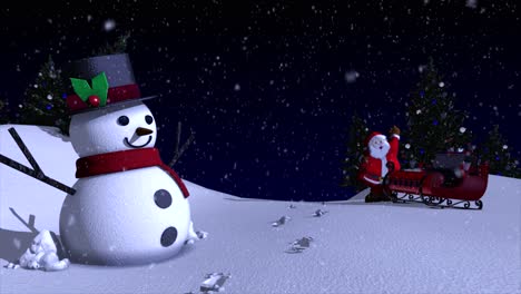 A-charming-and-beautifully-rendered-3D-winter-scene-with-snowman,-christmas-trees-and-Santa-and-his-sleigh,-with-a-space-to-add-your-own-message