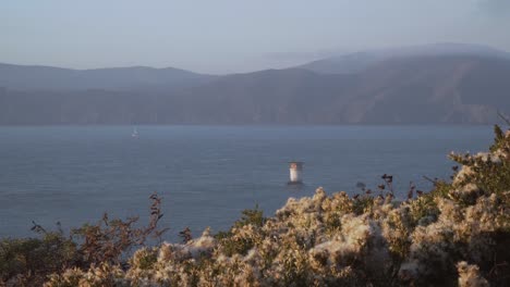 Mile-Rock-Lighthouse-Und-Fließende-Blumen-An-Einem-Klaren-Sommerhimmel-In-San-Francisco,-Kalifornien