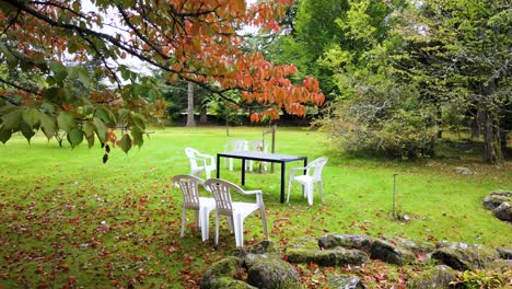 Ein-Malerischer-Hellgrüner-Park-Mit-Freiem-Tisch-Und-Stühlen-In-Der-Mitte-Mit-Reichem-Herbstlaub-Im-Vordergrund