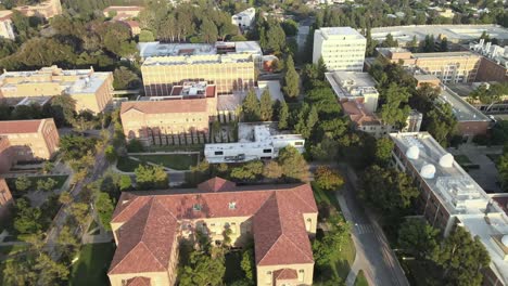 Fly-over-UCLA-campus,-Graduate-School-of-Education-and-Physics,-aerial-view-at-sunset