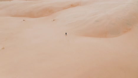 High-aerial-top-down-view-of-man-walking-alone-on-sand-dunes