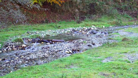 Shallow-Stream-Flowing-Among-Stones-With-Surrounding-Grass-At-The-Base-Of-A-Hill-In-Romania---Static-Shot