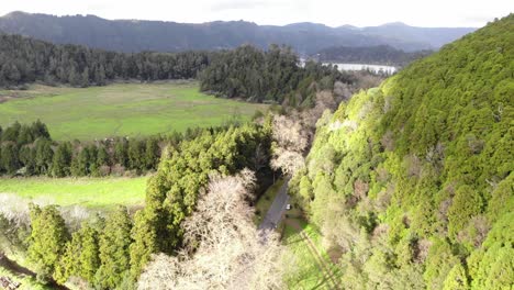 Vista-Del-Paisaje-De-Drones-De-Campos-Verdes,-Montañas-Y-Colinas