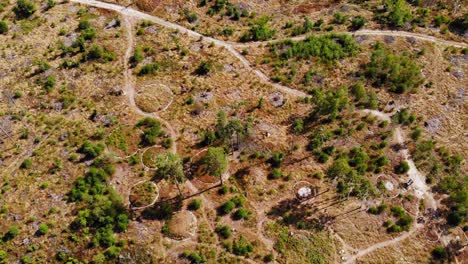 Antiguos-Círculos-De-Piedra-En-El-Paisaje-Abierto-De-Leśno,-Condado-De-Chojnice,-Norte-De-Polonia--antena