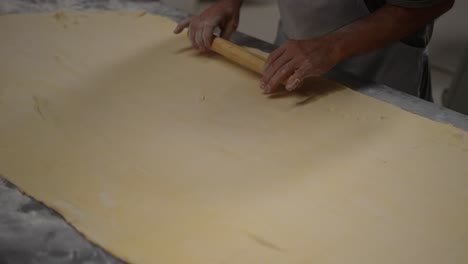 artisan-bakery,-baker-making-bread-and-pastry,-dough-kneading,-dough-roller