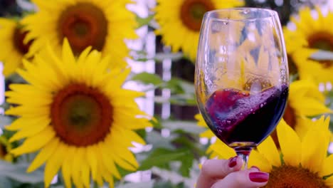 Woman's-hands-swirling-red-wine-in-a-glass,-sunflowers-in-the-background