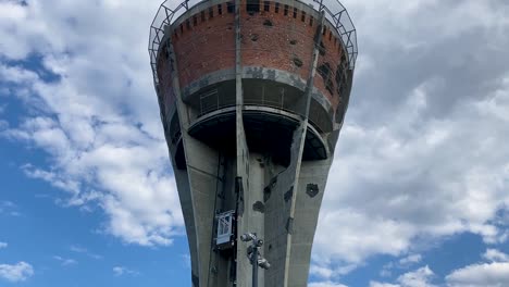 Vukovar-water-tower,-lift-goes-up,-Croatia