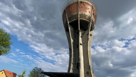 Vukovar-water-tower,-from-botom-to-top-shot,-Croatia