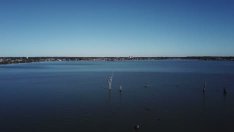 Drone-aerial-zooming-in-towards-the-land-with-dead-trees-coming-out-of-blue-lake-in-Yarrawonga-on-a-sunny-day