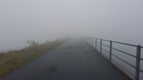 Aufnahme-Beim-Gehen-Durch-Den-Straßensee,-Der-Tagsüber-Mit-Dichtem-Weißem-Nebel-Bedeckt-Ist