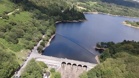 Slow-Aerial-Rolling-Pull-Back-of-Burrator-Reservoir-Dam,-Dartmoor-National-Park