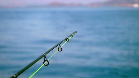 Close-up-of-fishing-rod-with-hooks-and-line-passing-through-them