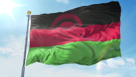 4k-3D-Darstellung-Der-Wehenden-Flagge-Auf-Einer-Stange-Des-Landes-Malawi