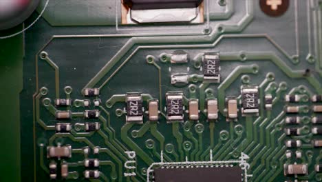 Close-up-shot-of-computer-motherboard-with-chip,-cpu-and-microprocessor