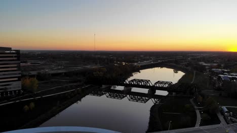 Scioto-River-near-downtown-Columbus-Ohio-at-dusk---aerial-drone