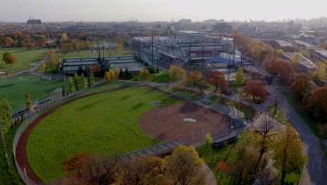 Aerial-shot-over-a-baseball-field-on-a-sunny-Montreal-morning