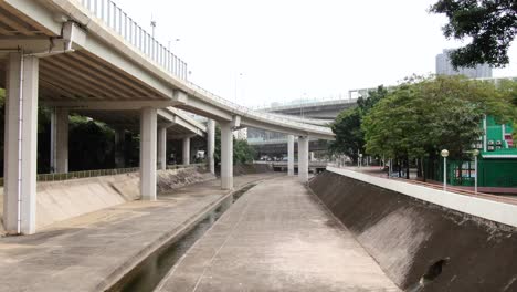 Canal-De-Drenaje-Urbano-En-El-Centro-De-Hong-Kong,-Vista-Aérea