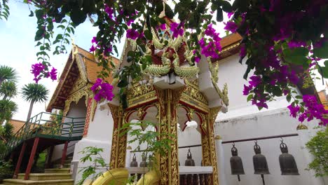 Beautiful-gold-adorned-temple-behind-flowers-hanging-down-from-above
