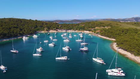 Yachts-dock-in-a-bay-near-the-coastal-city-of-Croatia-against-a-backdrop-of-blue-skies-and-blue-clear-water,-green-lush-trees-and-houses-with-red-roofs
