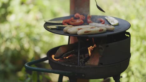 Vegetables-and-sausages-are-cooked-on-the-cast-iron-grill-over-the-open-fire-outdoors