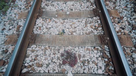 Feet-Standing-On-Railway-Sleeper-With-Pan-Up-Reveal-Of-Empty-Station-Platform