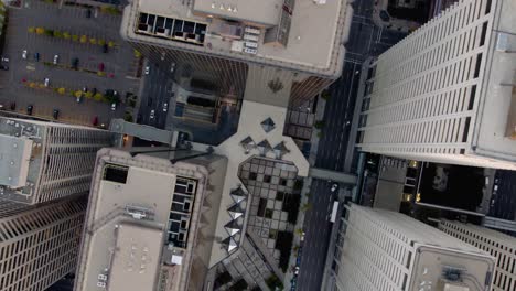 Aerial-view-above-skyscrapers-in-downtown-Calgary,-Canada---Top-down,-drone-shot