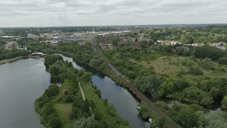 Moving-Train-Whitlingham-Country-Park-Norwick-Aerial-View-River-Yare-Summer