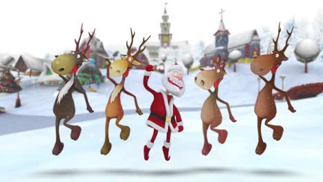 Eine-Animation-Des-Cartoon-Weihnachtsmanns-Mit-Seinen-Rentieren,-Die-Fröhlich-Zur-Festlichen-Und-Fröhlichen-Musik-Tanzen