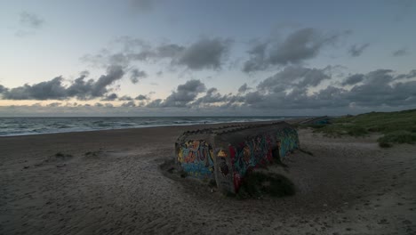 Time-lapse-at-sunset-over-the-beaches-of-Klitmoller,-Denmark-and-the-WW2-Atlantic-Wall-Bunkers